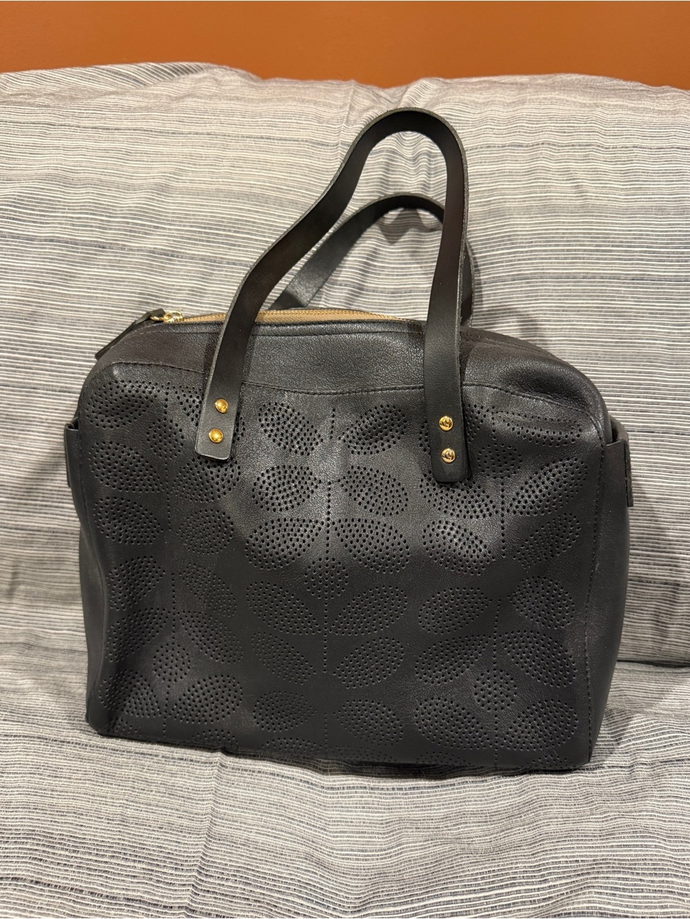 Orla Kiely Black Stem Punched Leather Caraway Tote Carryall